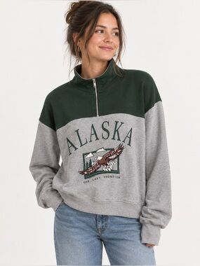 ROMWE Alaska Eagle Quarter Zip Sweatshirt Green Grey Y2K Outdoorsy